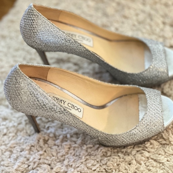 Jimmy Choo Luna 100 Glitter Fabric Platform Peep-Toe Pump, Size 39 - Picture 7 of 11